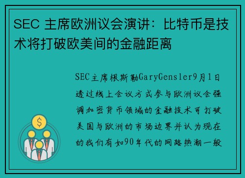 SEC 主席欧洲议会演讲：比特币是技术将打破欧美间的金融距离